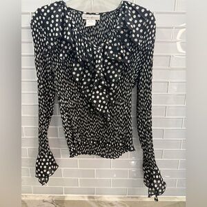 Sharon Young Womens Black & White Polka Dot Pleated Ruffle Blouse Size Medium